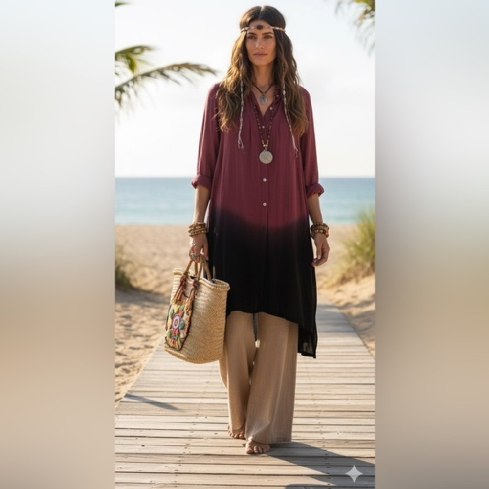 Myrah Penaloza Red Ombré Tunic Dress Art‎ To Wear Free Size Lagenlook Boho Fall